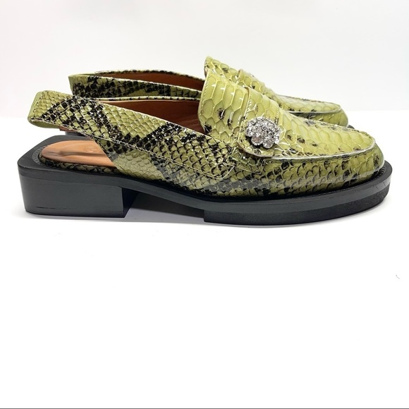 Ganni Shoes - Ganni Snakeskin Slingback Loafers Green Shoes